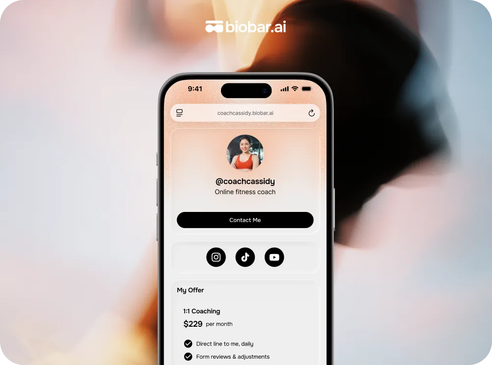 A fitness coach's bio.bar page with training programs, a class schedule and a sign-up button.