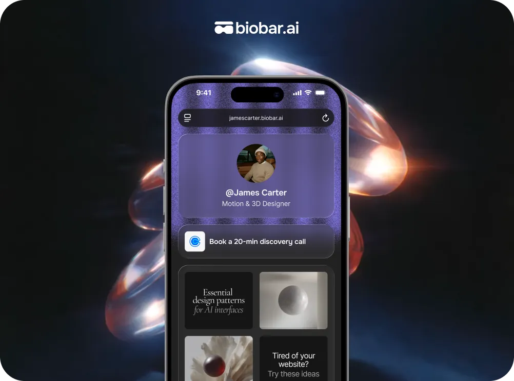 A motion and 3D designer's bio.bar page with showreels, client work and a booking link.