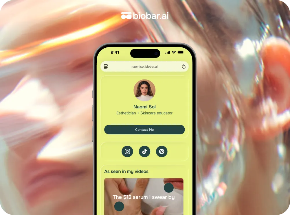A skincare educator's bio.bar page with routines, product recommendations and consultation booking.